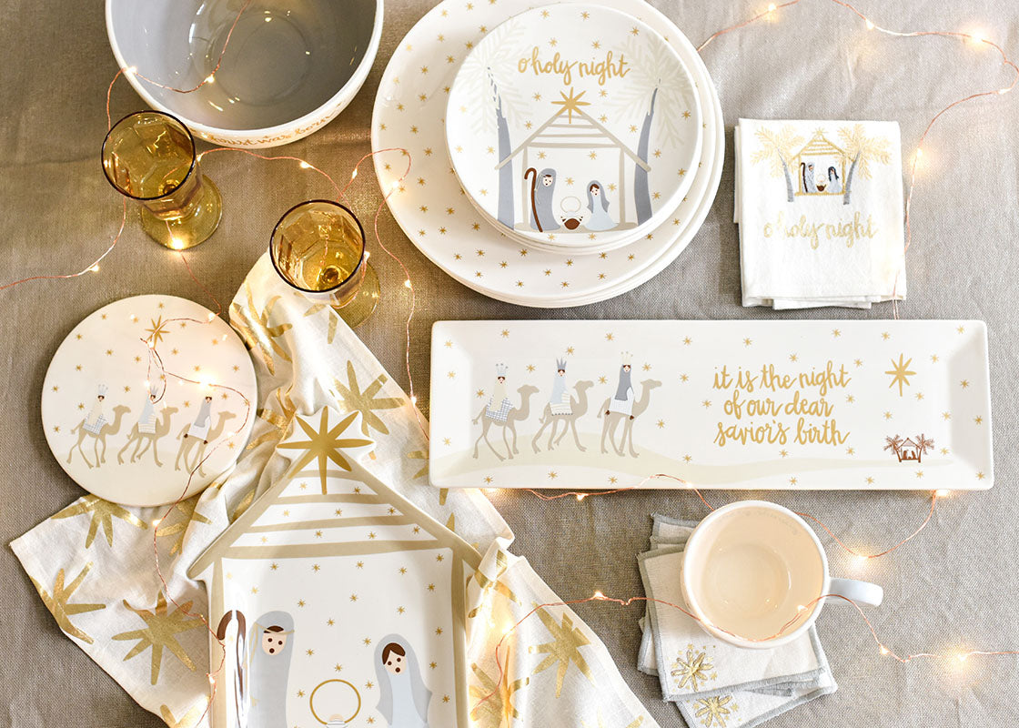 Overhead View of Nativity Scene Serving Tray on Tablescape with Matching Serveware