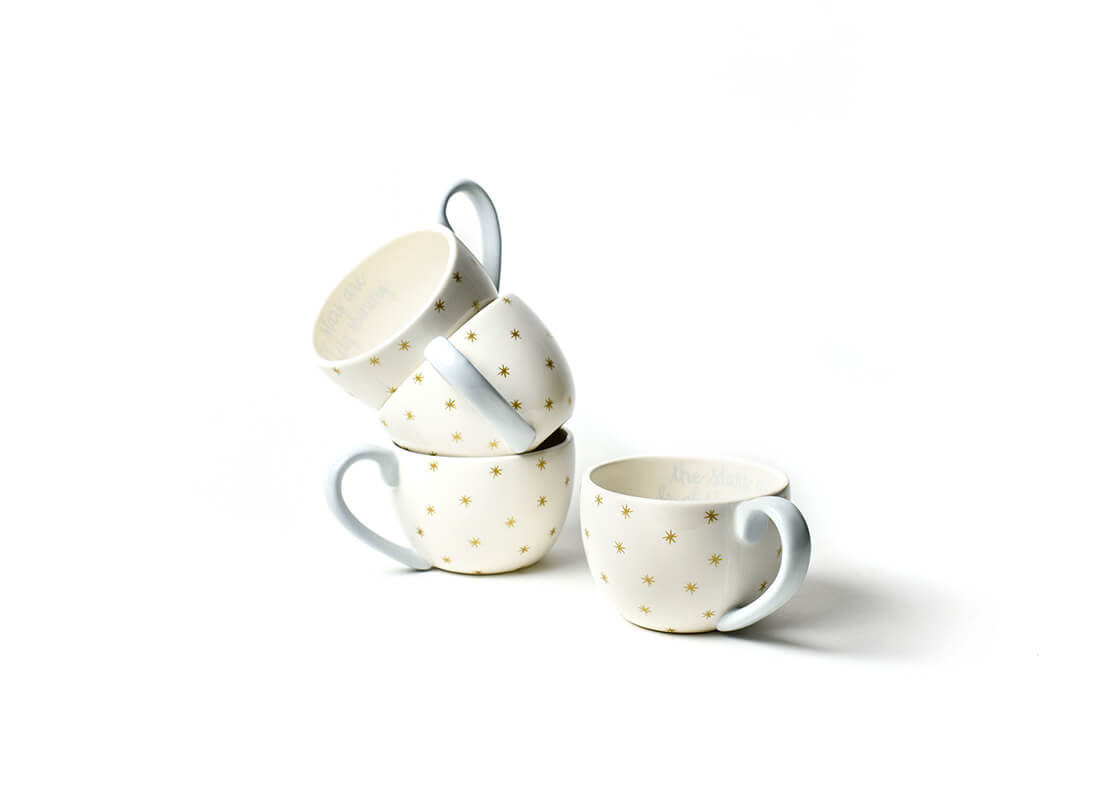 Front View of Stacked Gold Brightly Shining Stars Mug Set of 4 Showing all Pieces in Set