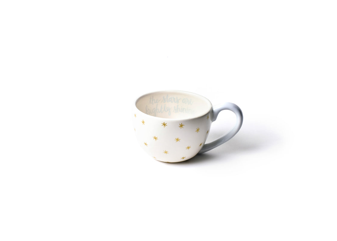 Front View of Gold Brightly Shining Stars Mug Showing Golden Stars Design Details and Message in our Branded Handwriting on Inside Rim