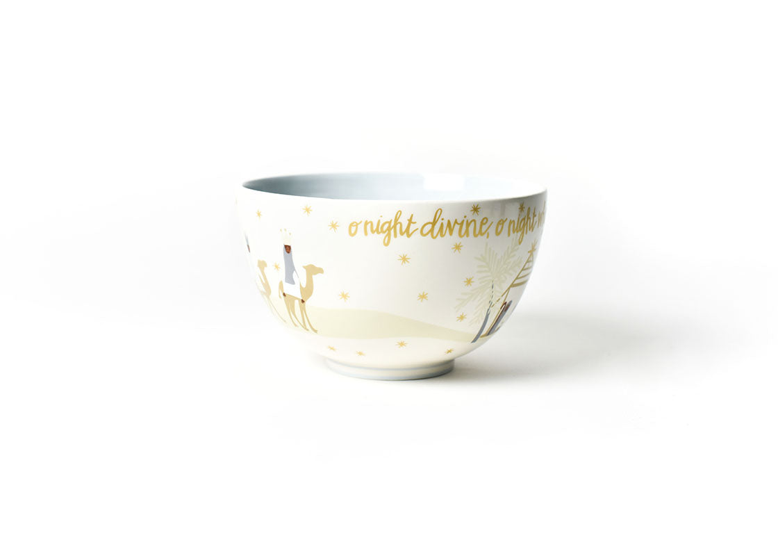 Left Side View of Brown Skin O Holy Night 9in Footed Bowl Featuring Gold Metallic Messaging in our Brand Writing
