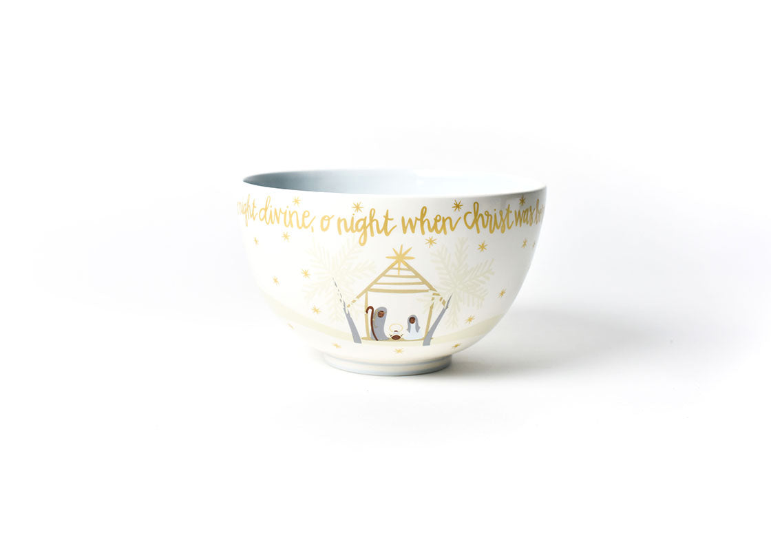 Front View of Brown Skin O Holy Night 9in Footed Bowl Featuring Nativity Scene