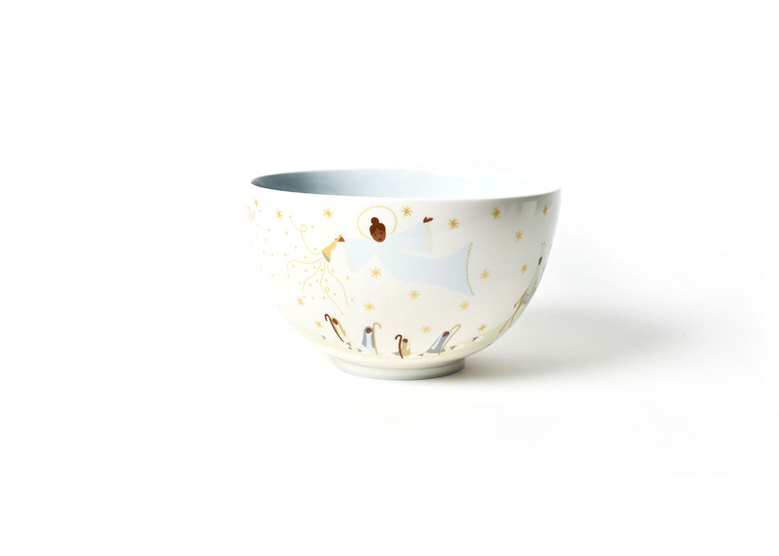 Front View of Brown Skin O Holy Night 9in Footed Bowl Featuring Flying Angel over Shepherds and Fluffy Sheep