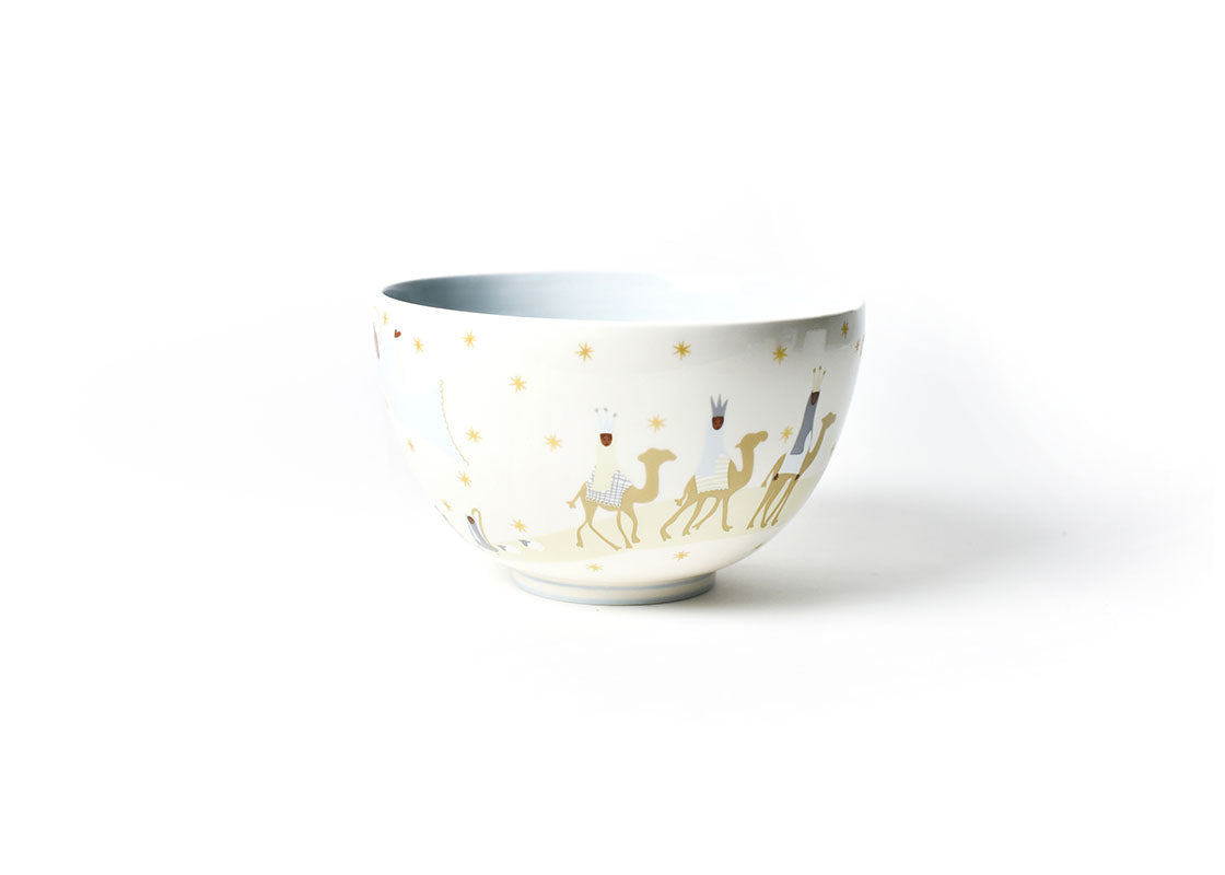 Left Side View of Brown Skin O Holy Night 9in Footed Bowl Showcasing Three Wise Men on Camels