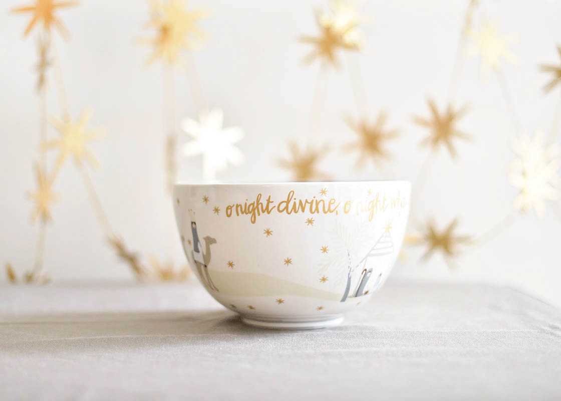 Front View of Video Showing Full View of O Holy Night Nativity Scene on Footed Bowl