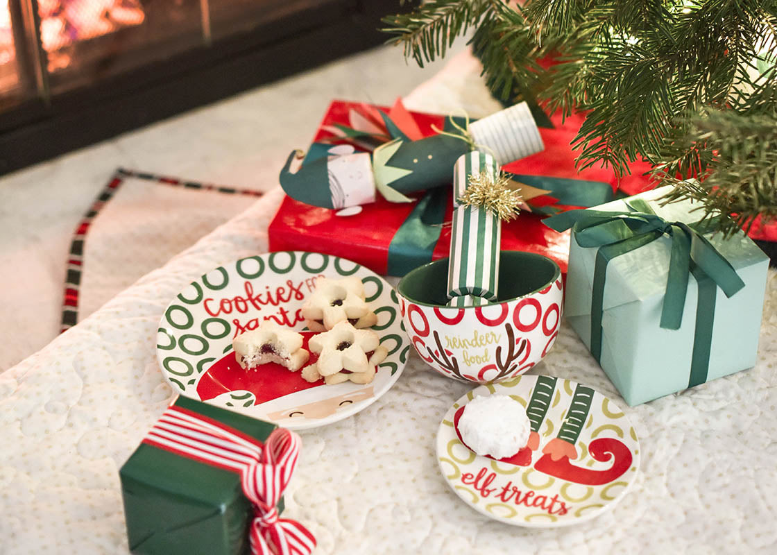Front View of Holiday Serveware Including North Pole Cookies for Santa Plate, Fair Skin