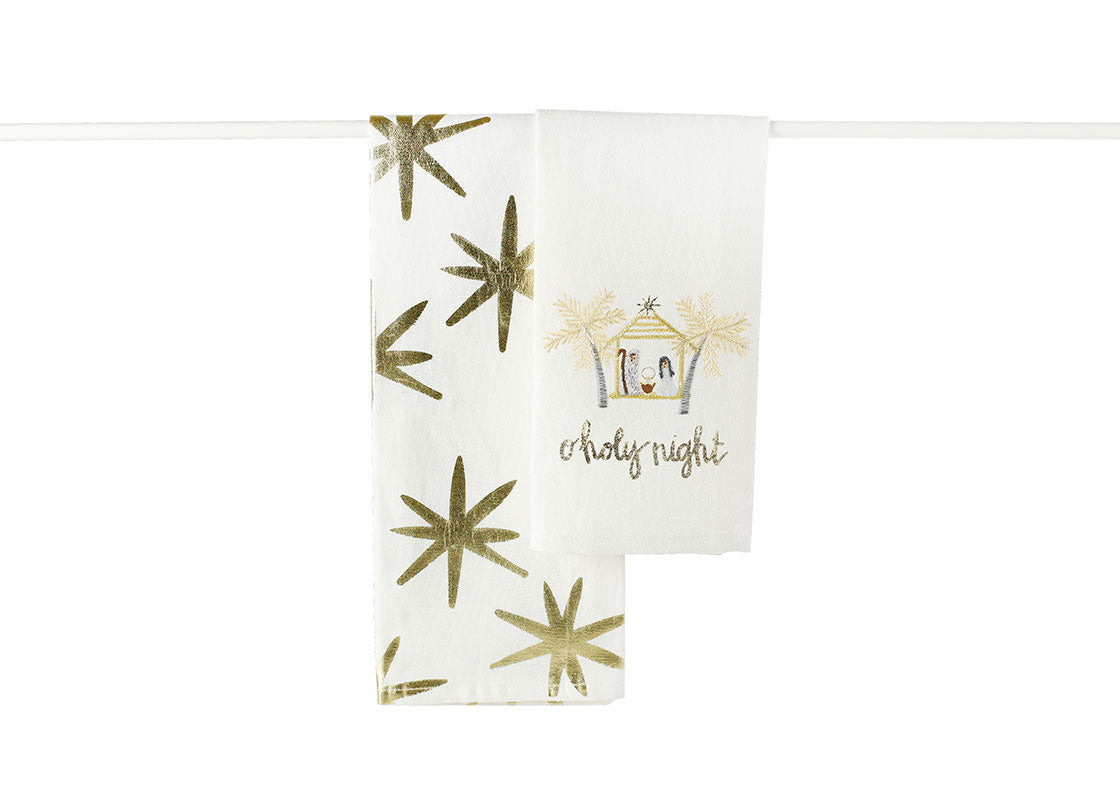 Front View of Folded Nativity Christmas Hand Towels Layered and Hung on Towel Rod to Inspire