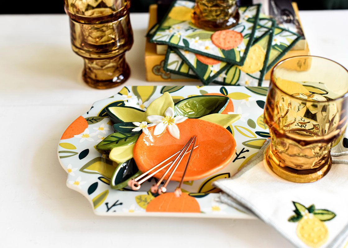 Front View of Orange Tray with Cocktail Glasses and Coordinating Citrus Cocktail Napkins