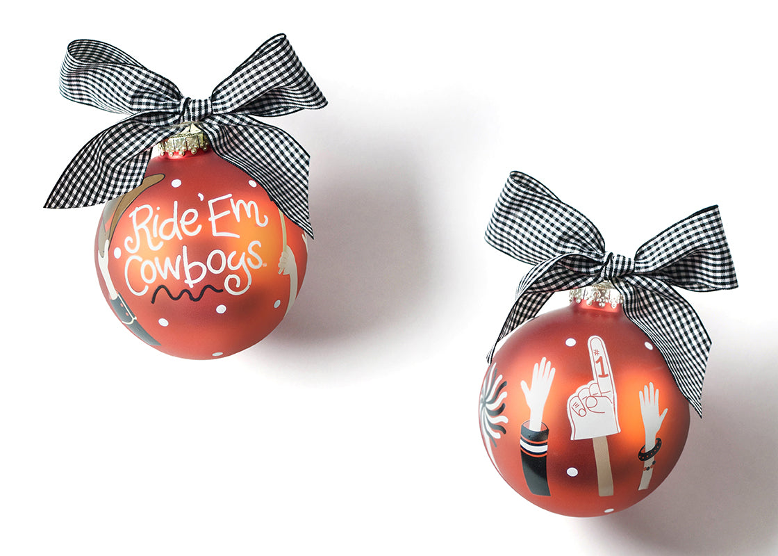 Front and Back View of OSU Crowd Cheer Glass Ornament Placed Side by Side