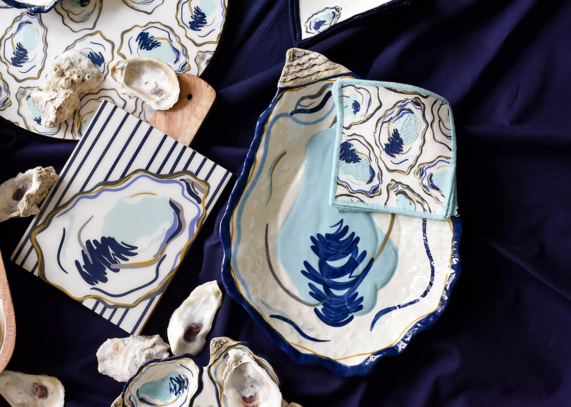 Overhead View of Hand-Painted Oyster Platter set among Oyster Collection
