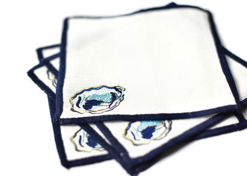 Embroidered Texture with Stitched Edges on Linen Cocktail Napkins with Oyster Design