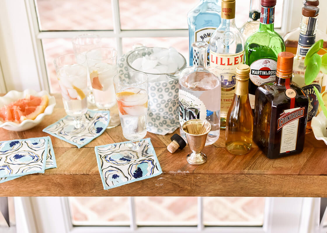 Front View of Elevated Happy Hour with Linen Oyster Design Cocktail Napkins