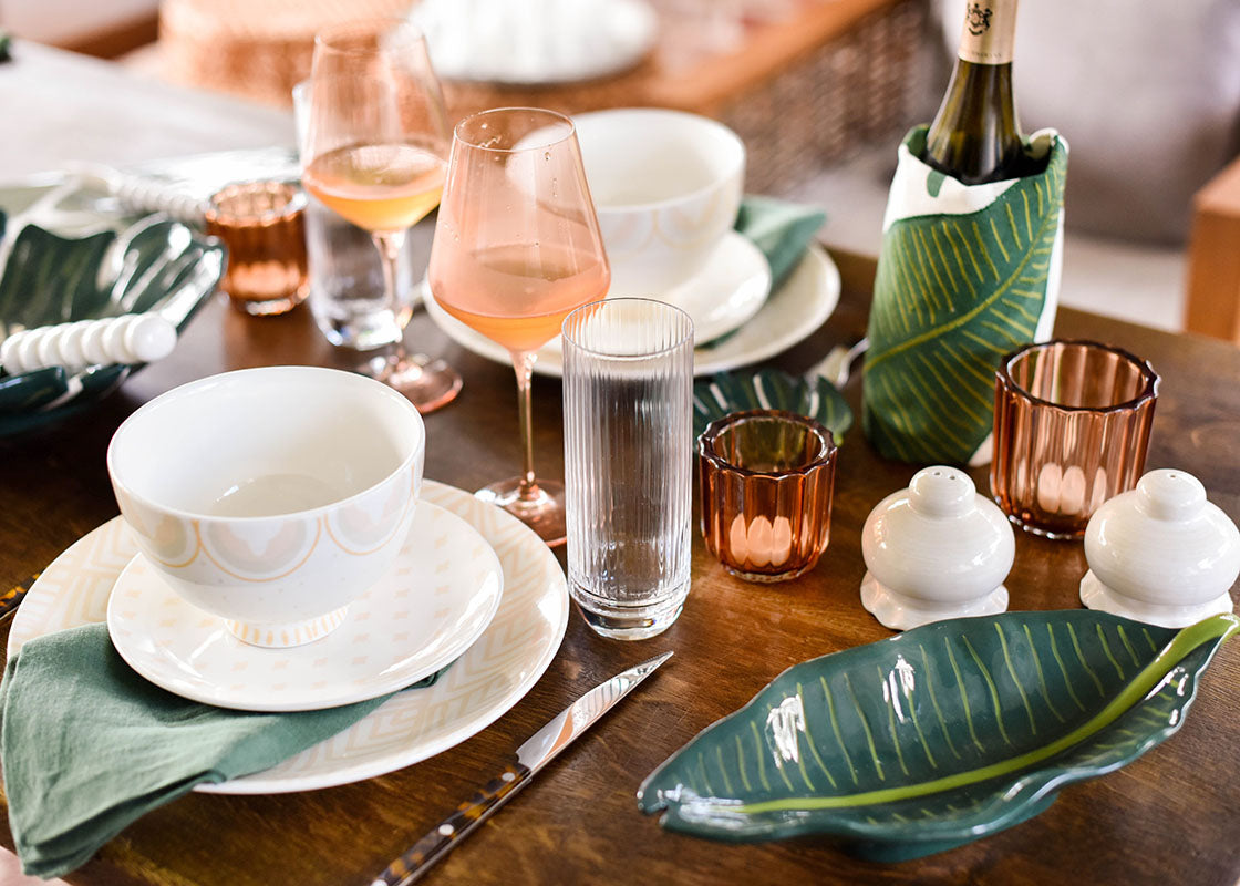 Front View of Coordinating Tableware Including Palm Tray