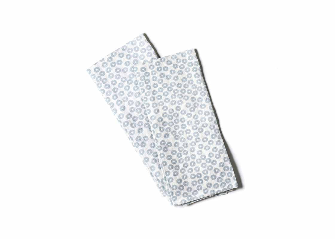 Overhead View of Two Iris Blue Pip Large Hand Towels Showing Design when Folded