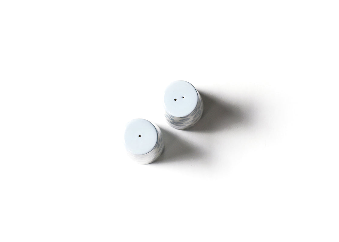 Overhead View of Showcasing Hand-Painted Tops of Iris Blue Pip Pedestal Salt and Pepper Shaker Set