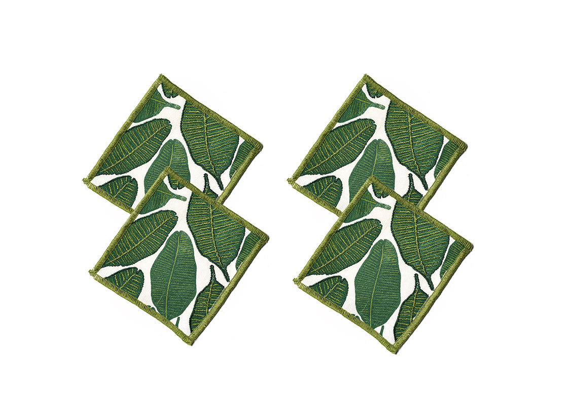 Overhead View of Creatively Placed Palm Print Cocktail Napkins Set of 4 Showing all Pieces in Set and Personality