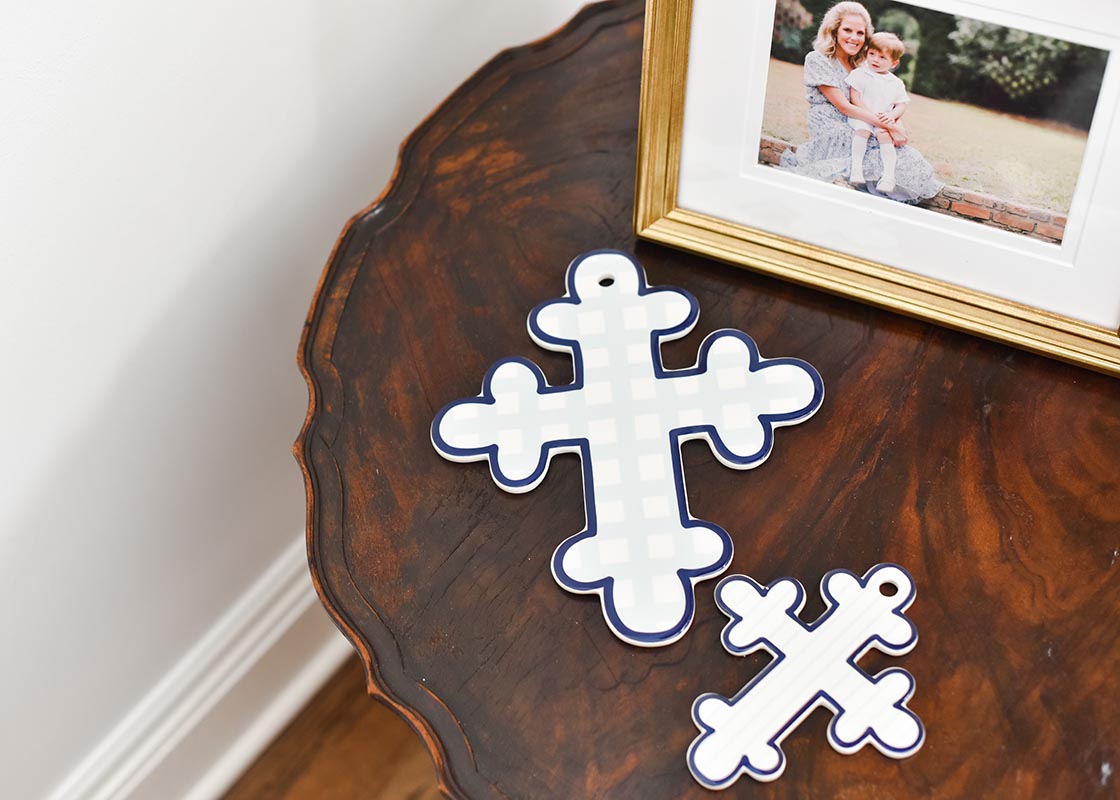 Overhead View of Crosses on a Table Including 6in Blue Pinstripe Small Cross