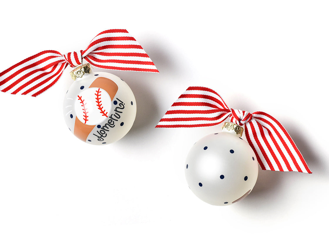 Front and Back View of Baseball and Bat Glass Ornament Placed Side by Side