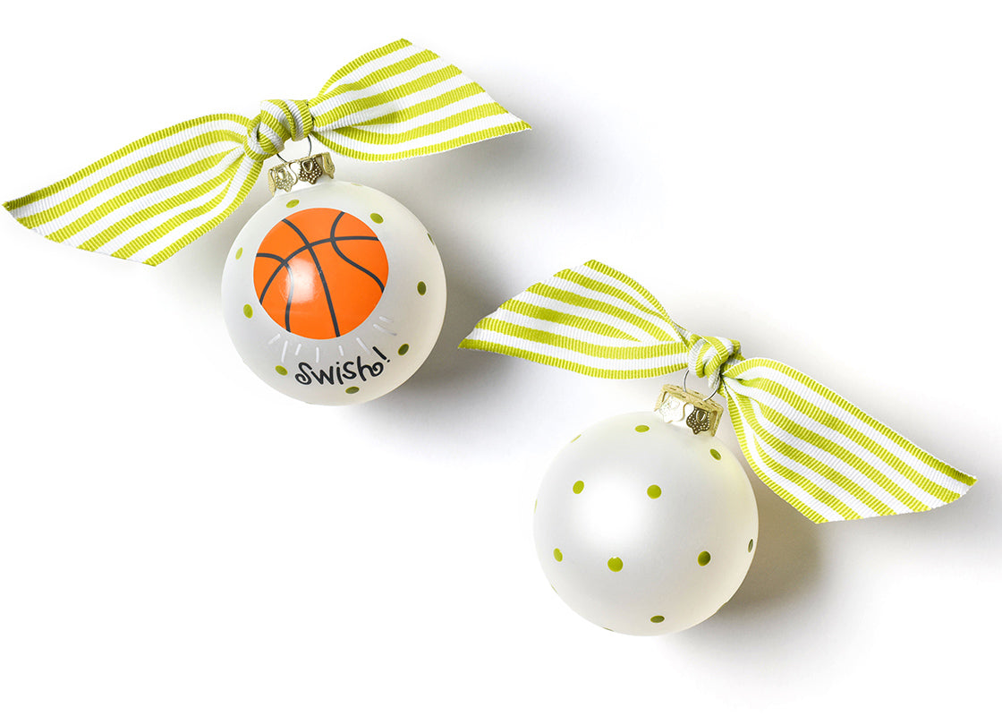 Front and Back View of Basketball Glass Ornament Placed Side by Side