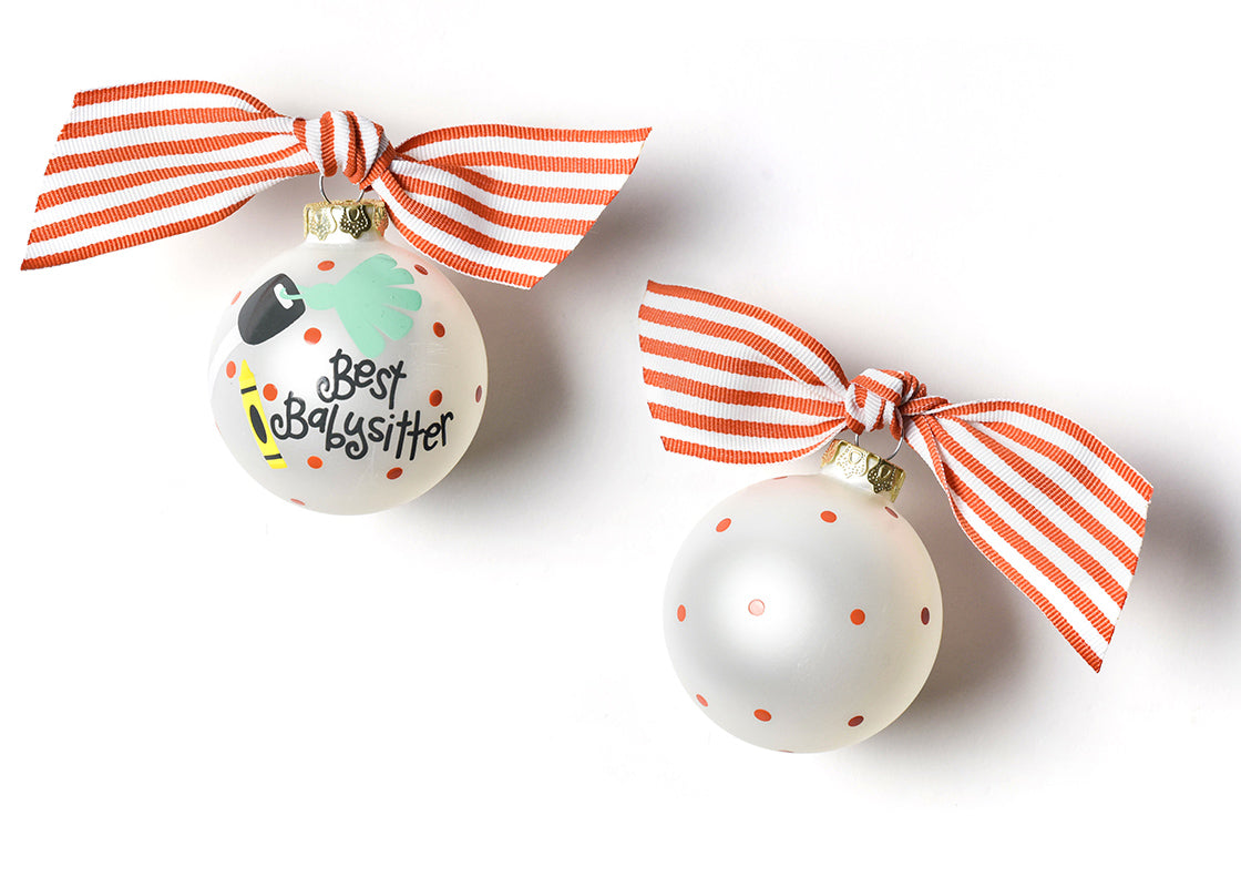 Front and Back View of Babysitter Glass Ornament Placed Side by Side