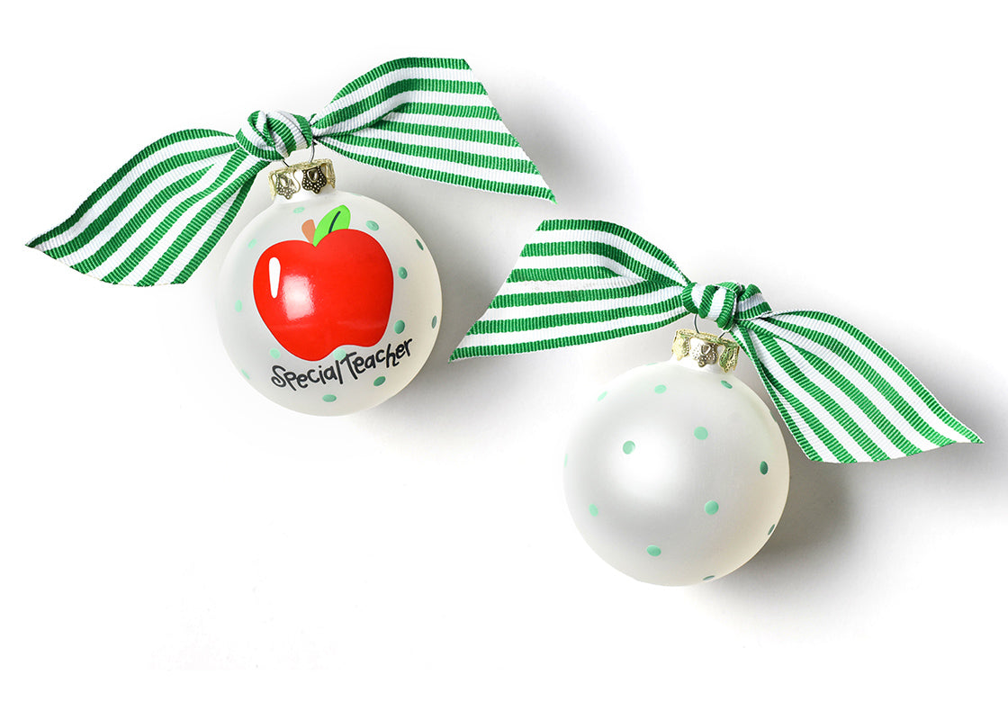 Front and Back View of Special Teacher Glass Ornament Placed Side by Side