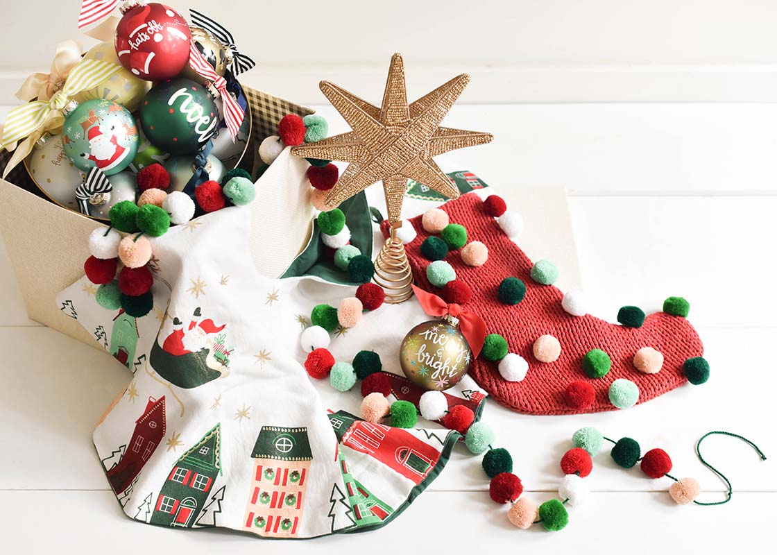 Front View of Christmas Decor Including Mint Multi Pom Pom Garland
