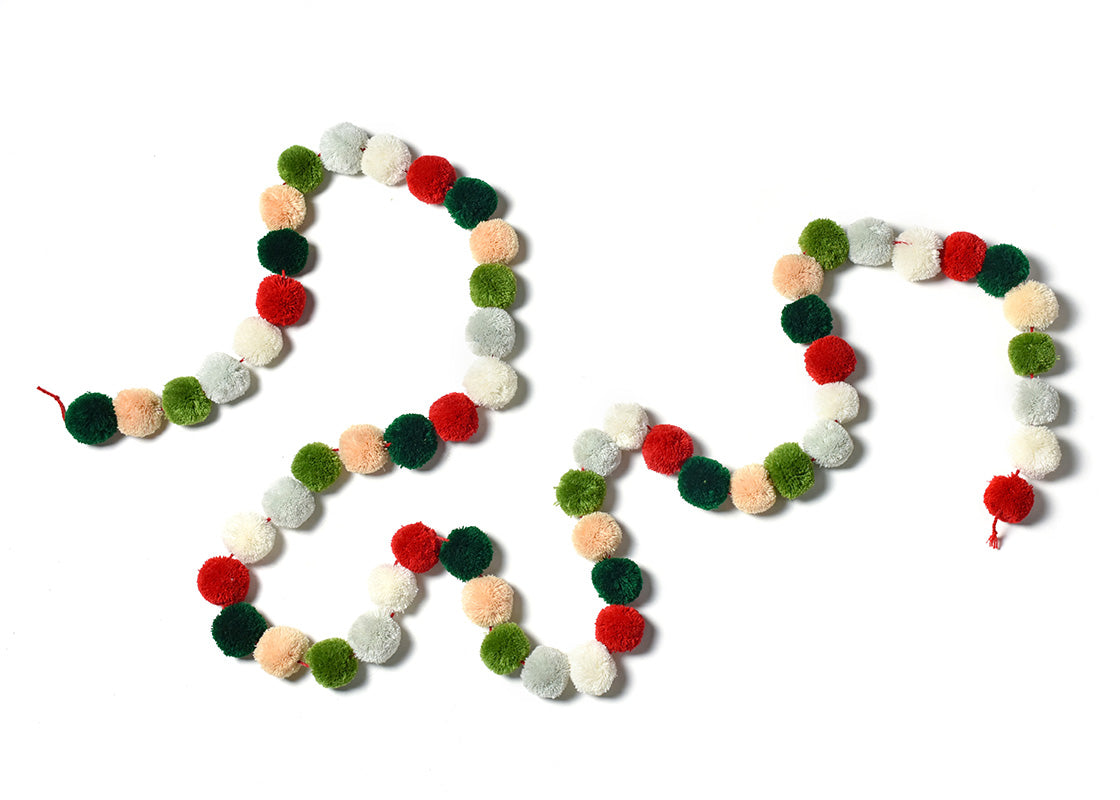 Overhead View of Creatively Placed Olive Multi Pom Pom Garland Showing Full Garland