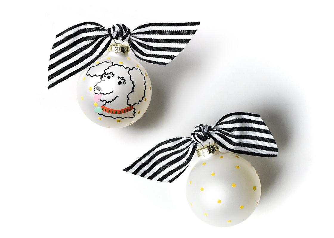 Front and Back View of Curly Pet Portrait Glass Ornament Placed Side by Side