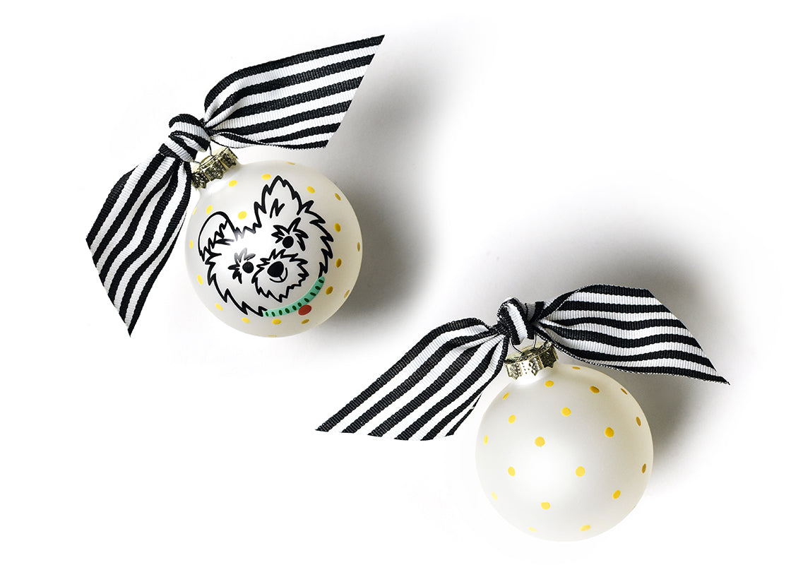 Front and Back View of Fluffy Pet Portrait Glass Ornament Placed Side by Side
