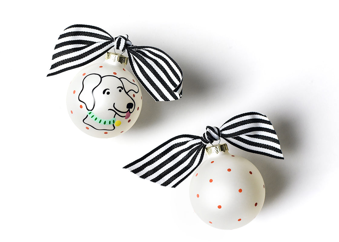 Front and Back View of Floppy Pet Portrait Glass Ornament Placed Side by Side