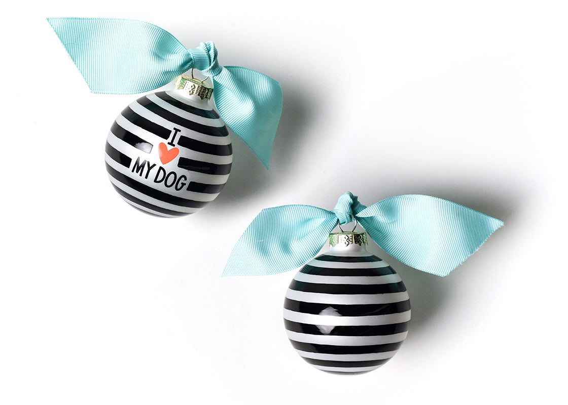 Front and Back View of Black Stripe I Love My Dog Glass Ornament Placed Side by Side