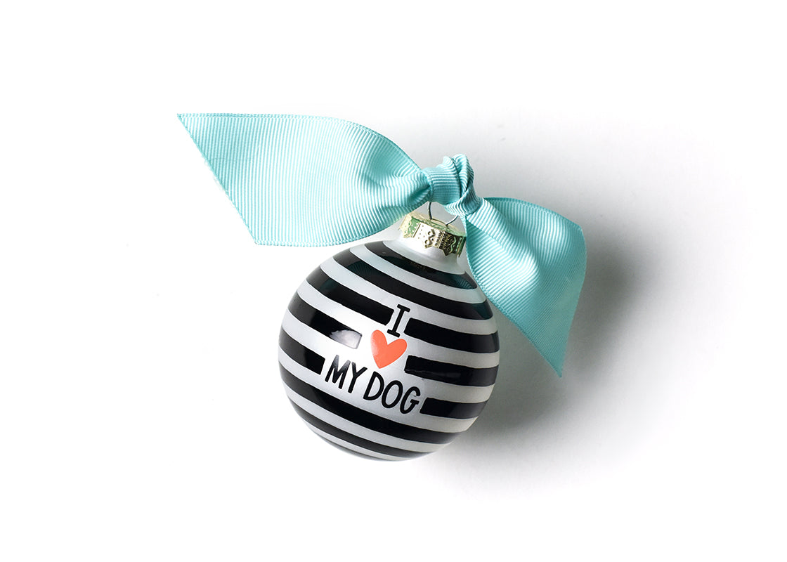 Front View of Black Stripe I Love My Dog Glass Ornament