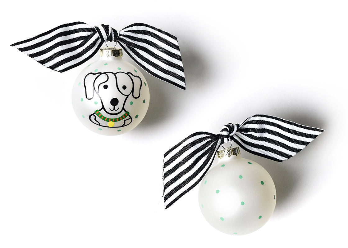 Front and Back View of Spotty Pet Portrait Glass Ornament Placed Side by Side