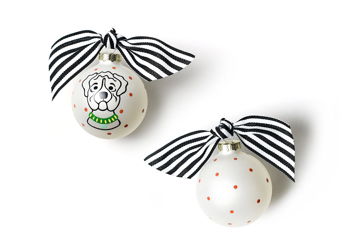 Front and Back View of Wrinkly Pet Dog Portrait Glass Ornament Placed Side by Side