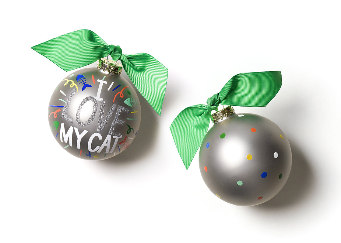 Front and Back View of I Love My Cat Popper Glass Ornament Placed Side by Side