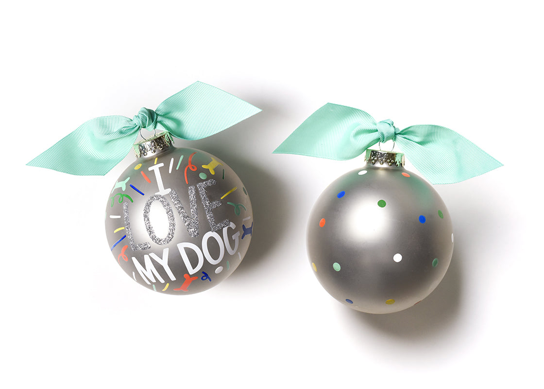 Front and Back View of I Love My Dog Popper Glass Ornament Placed Side by Side