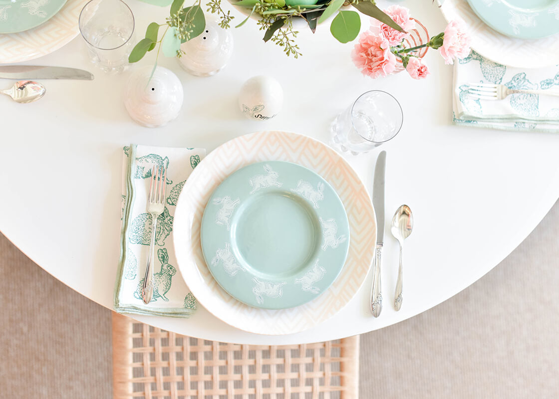 Cropped Close up of Easter Tablescape with Place Setting Including Speckled Rabbit Rimmed Salad Plate