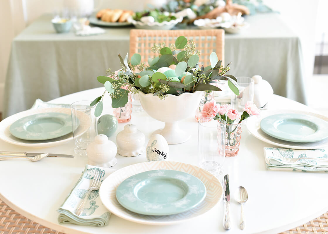 Cropped View of Modern Easter Tablescape Speckled Rabbit Rimmed Salad Plate