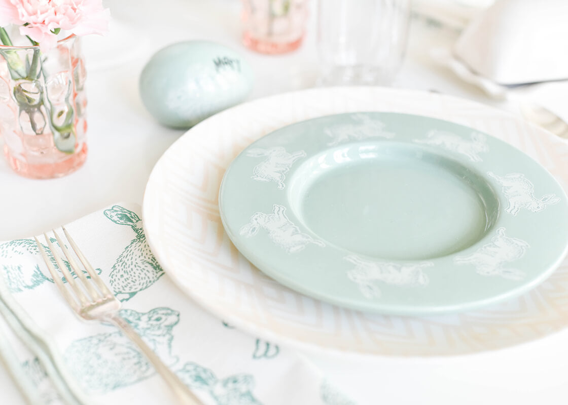 Cropped Close up of Easter Place Setting Including Speckled Rabbit Rimmed Salad Plate