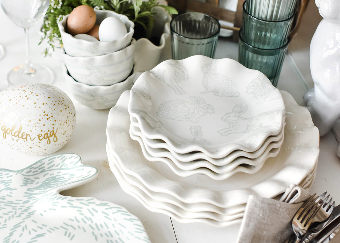Hand Drawn Speckled Rabbit on Ruffle Plate, Set of 4
