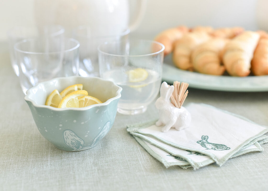 Front View of Speckled Rabbit Ears Ruffle Appetizer Bowl on Easter Buffet