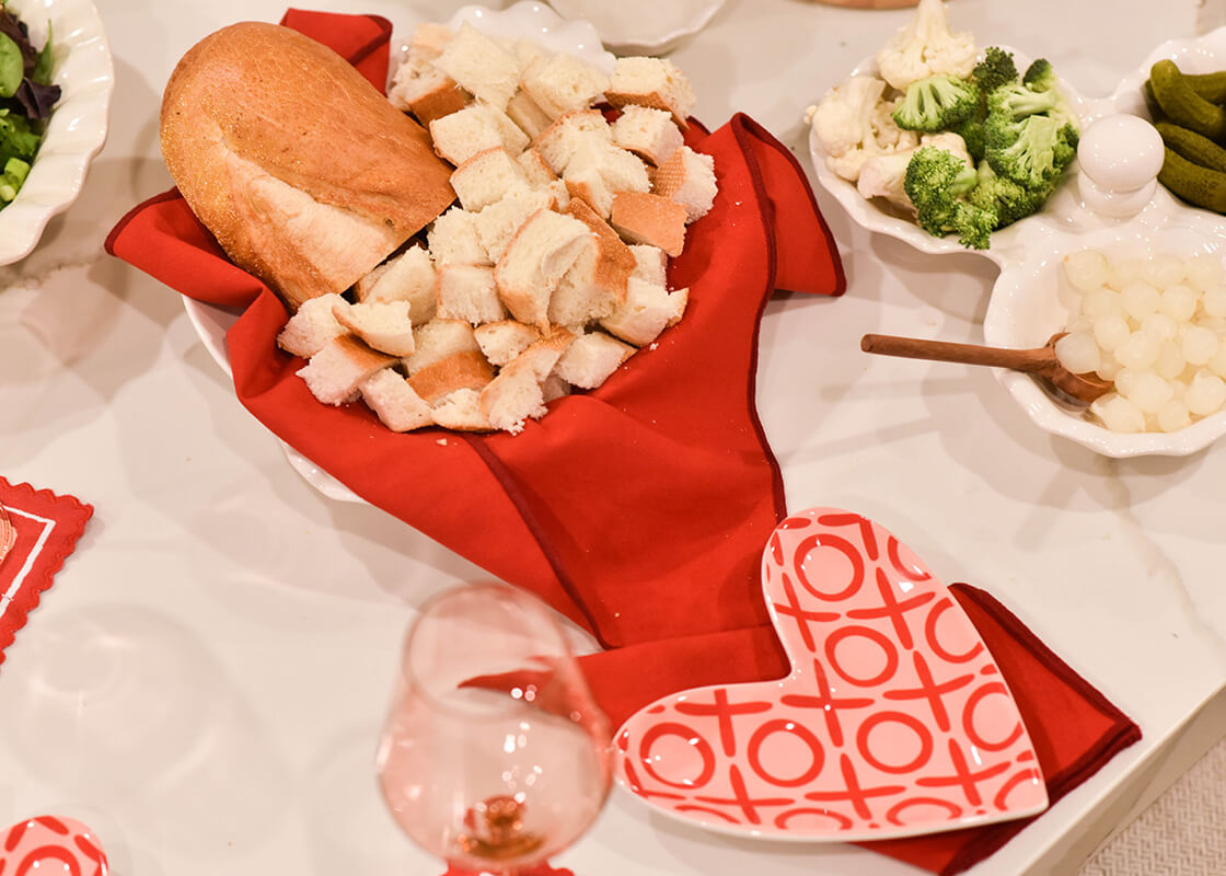 Cropped Close up of Bread Basket with Red Color Block Napkin used for Serving