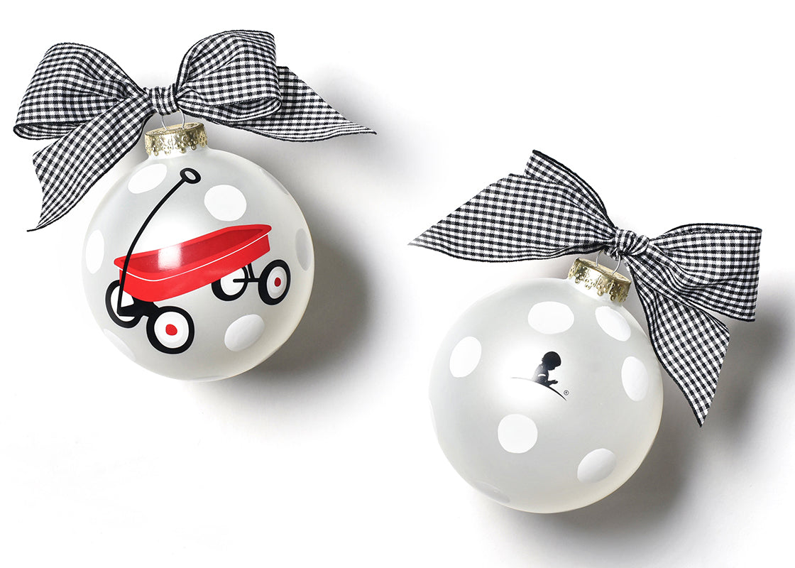 Front and Back View of St. Jude Limited Edition 2019 Red Wagon Glass Ornament Placed Side by Side
