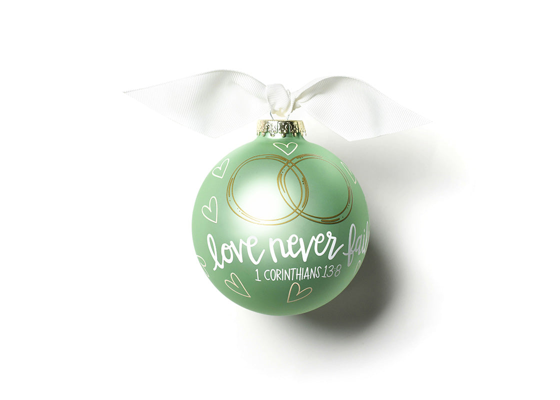 Front View of Love Never Fails Glass Ornament