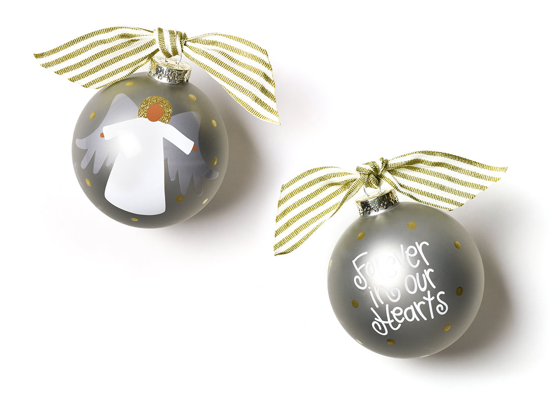 Front and Back View of Brown Skin Forever in Our Hearts Angel Glass Ornament Placed Side by Side