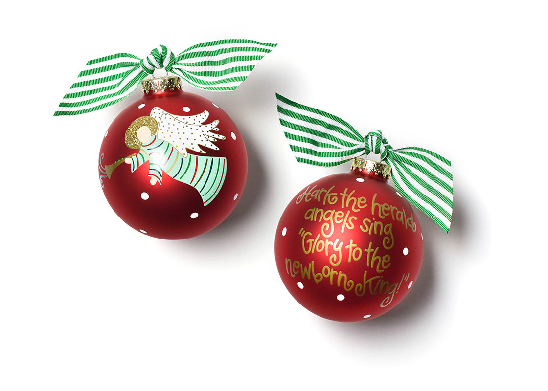 Front and Back View of Hark the Herald Angels Sing Glass Ornament Placed Side by Side