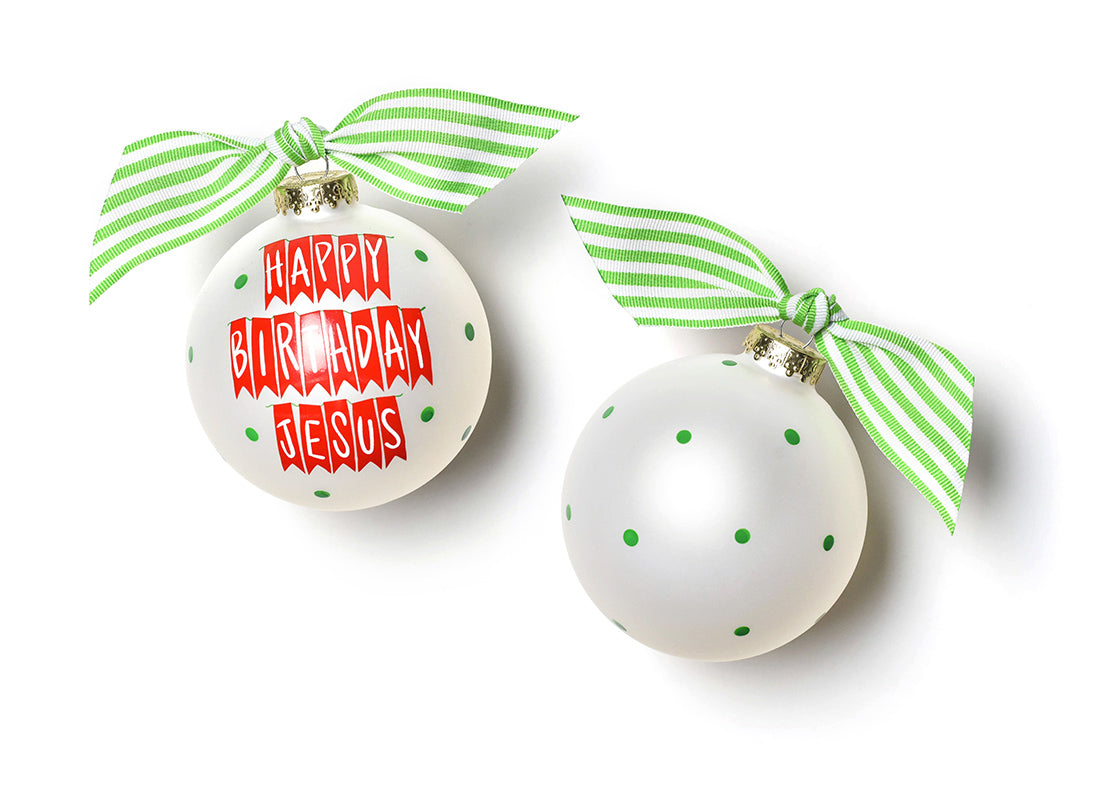 Front and Back View of Happy Birthday Jesus Banner Glass Ornament Placed Side by Side