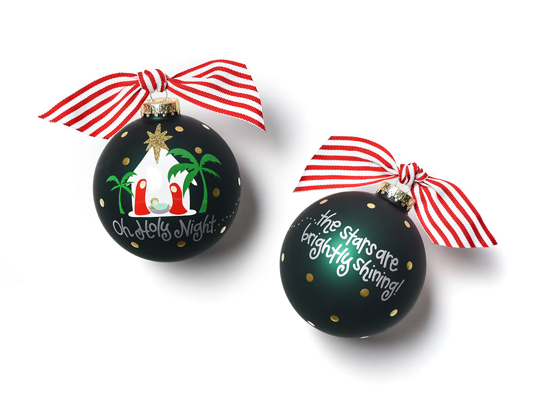Front and Back View of Oh Holy Night Glass Ornament Placed Side by Side