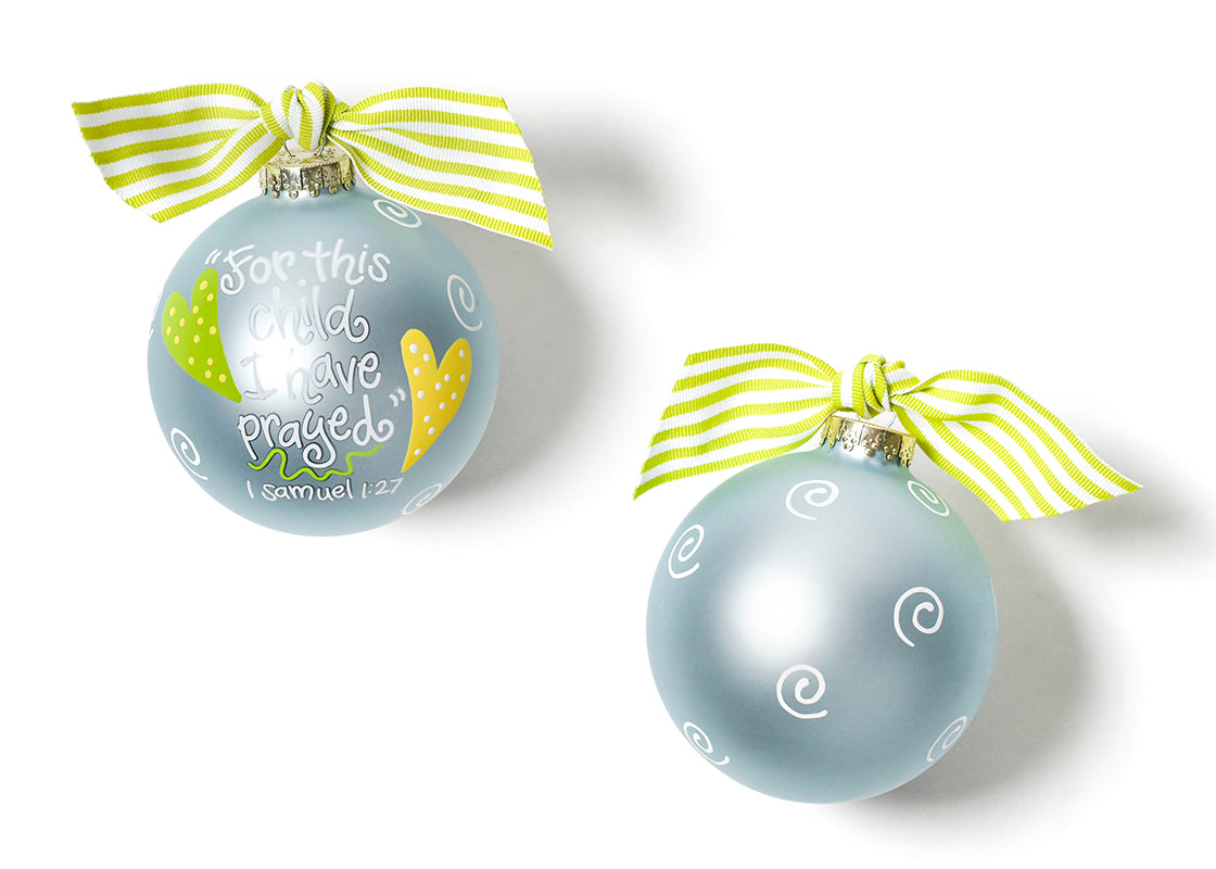 Front and Back View of Blue For This Child Glass Ornament Placed Side by Side