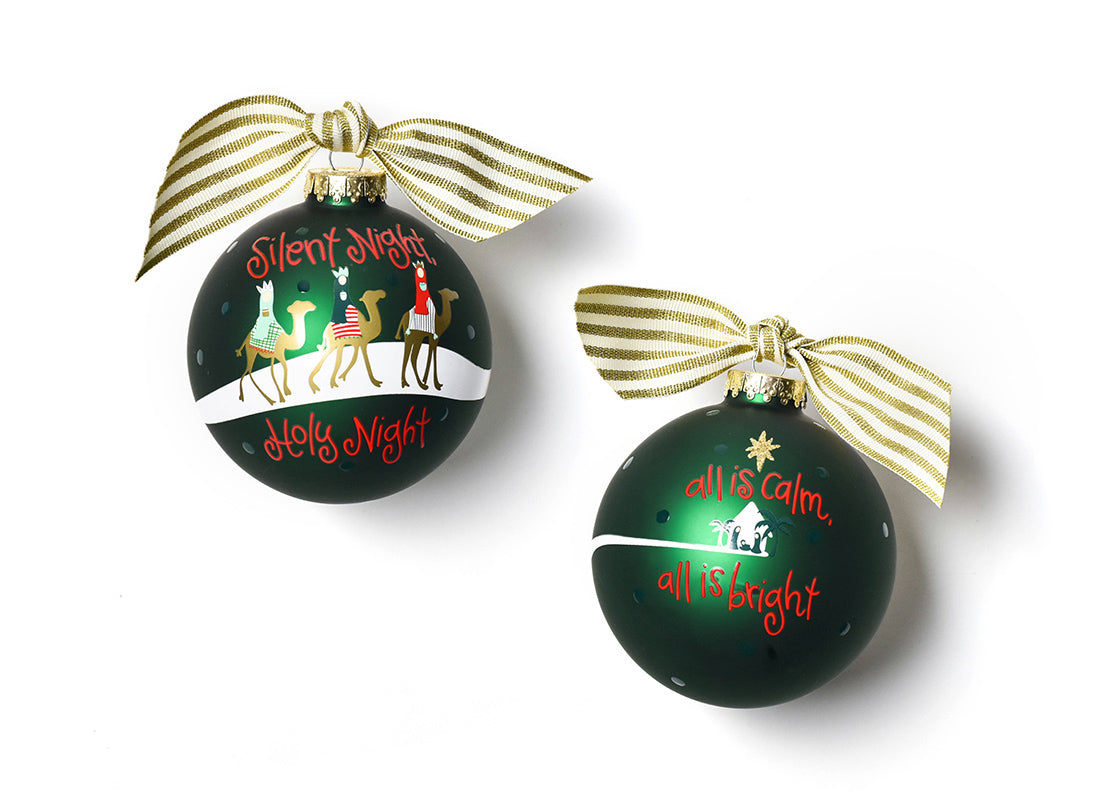 Front and Back View of Silent Night Glass Ornament Placed Side by Side