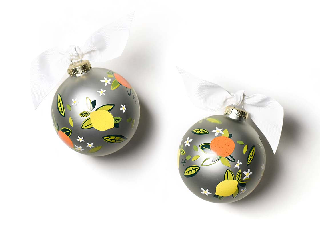 Front and Back View of Blue Citrus Print Glass Ornament Placed Side by Side